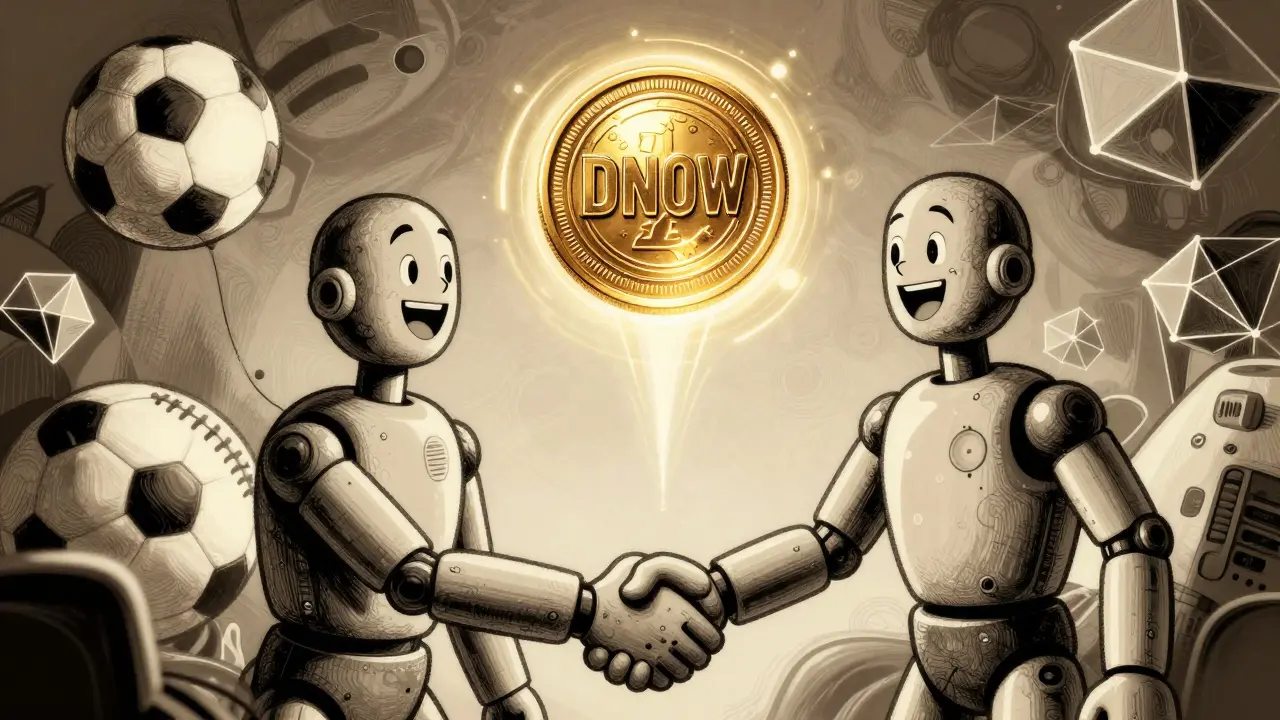 Two cartoon characters shaking hands with a glowing DNOW token floating above them.