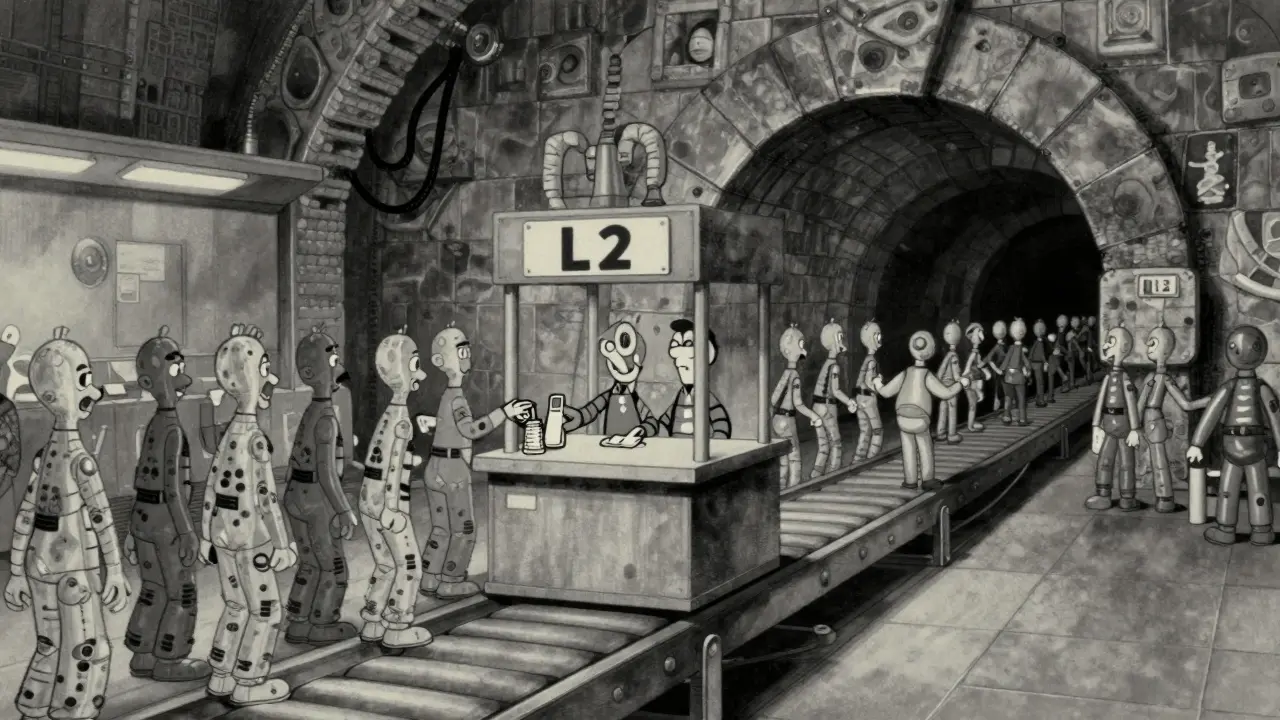 Vintage animation of characters in a fast L2 line on a slow L1 conveyor belt.