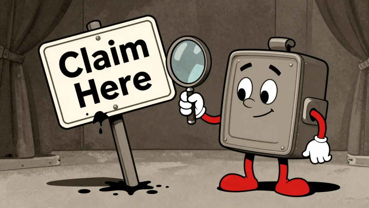 Vintage cartoon character cautiously inspecting a fake airdrop sign next to a personified wallet.