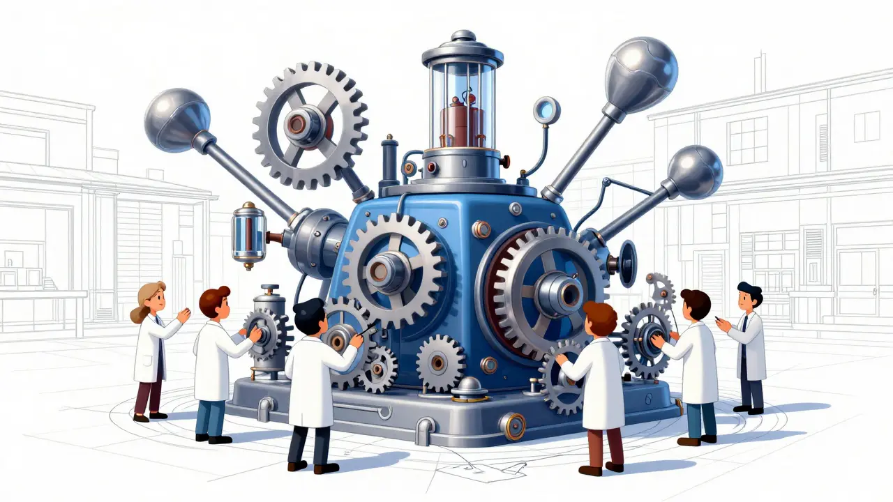 Vintage cartoon illustration of a complex mechanical machine representing a compliant crypto exchange blueprint.