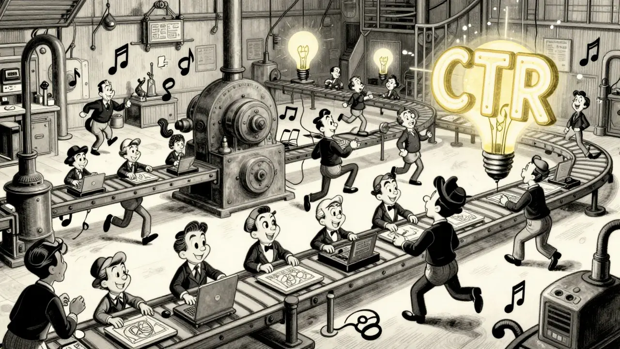 Whimsical 1930s style factory where creators produce digital art and tokens.