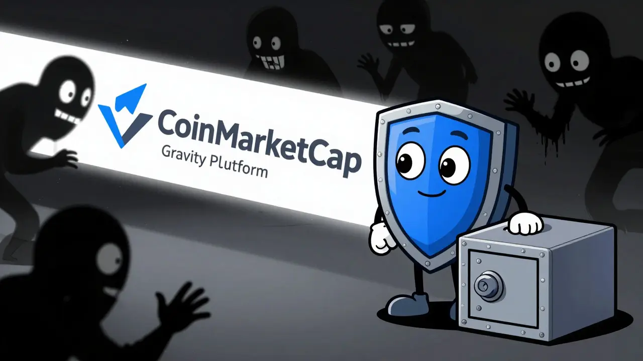A cartoon shield protecting a digital wallet from shadowy scammers in a secure environment.