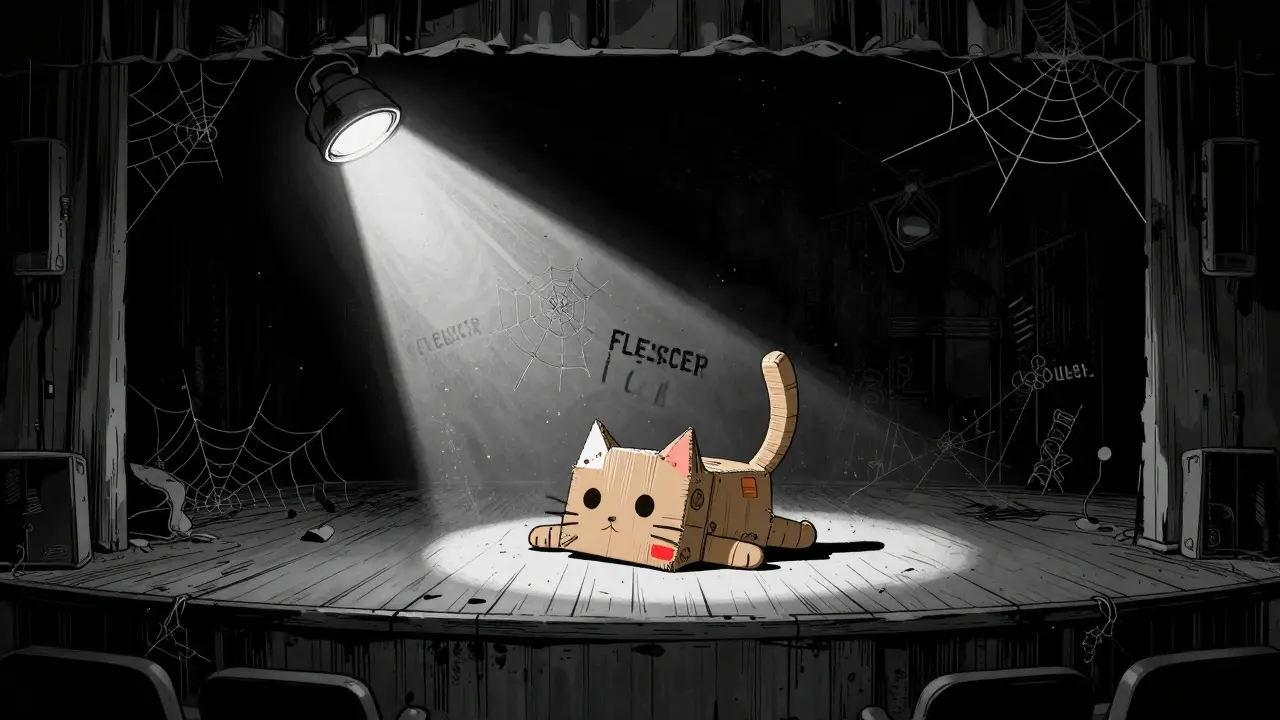 Abandoned stage with fallen cat prop, symbolizing VCAT's decline