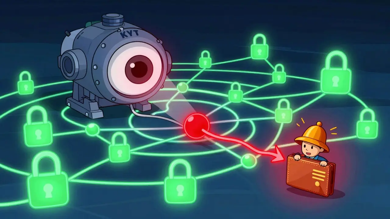 Animated blockchain web with scanner eye flagging a tainted connection