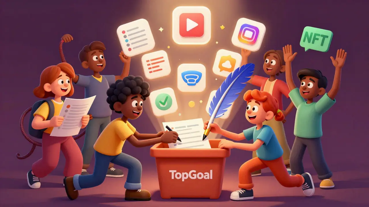 Animated characters engaging with social media icons to claim rewards in a cartoon style.