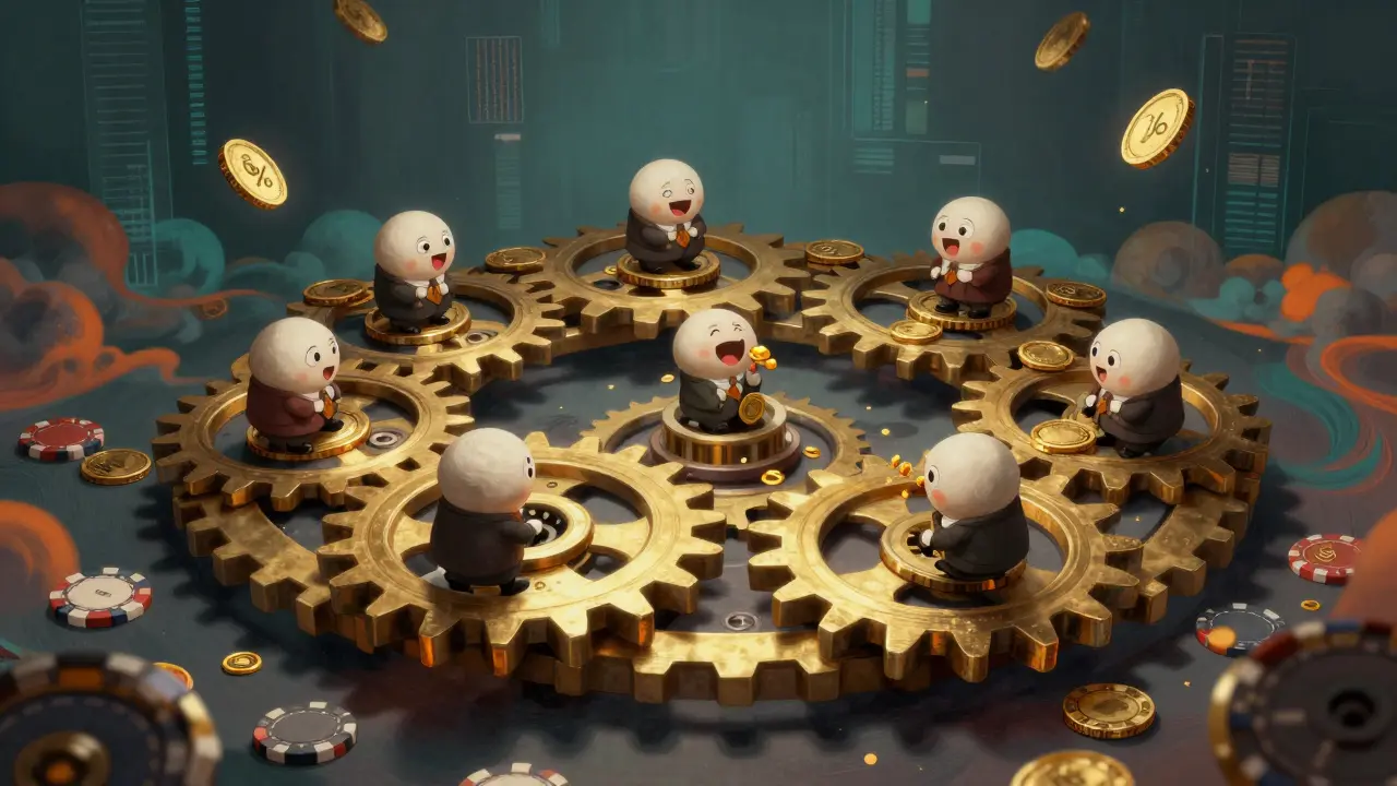 Animated gears and characters illustrating cryptocurrency transaction fees.