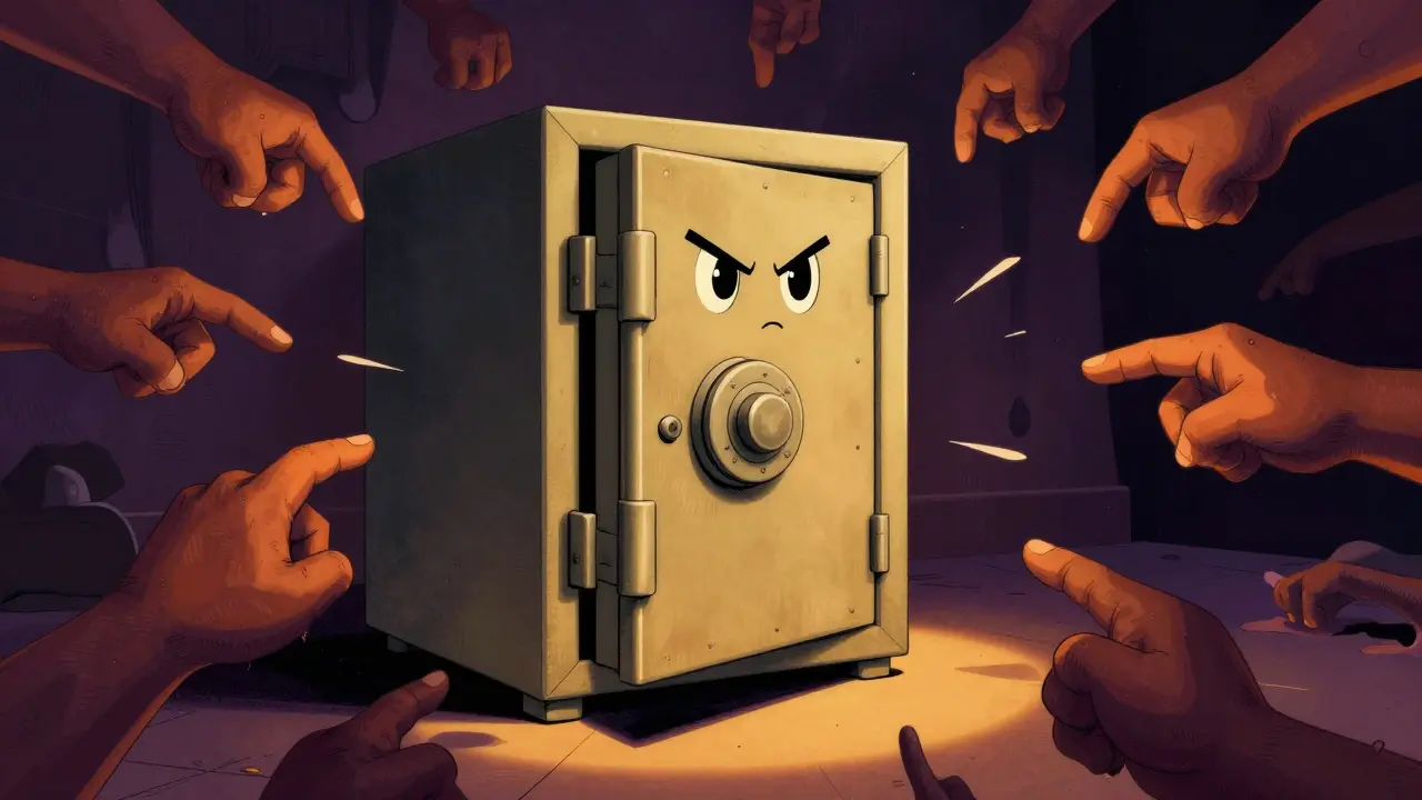 Anthropomorphic vault blocking malicious tentacles in retro animation style