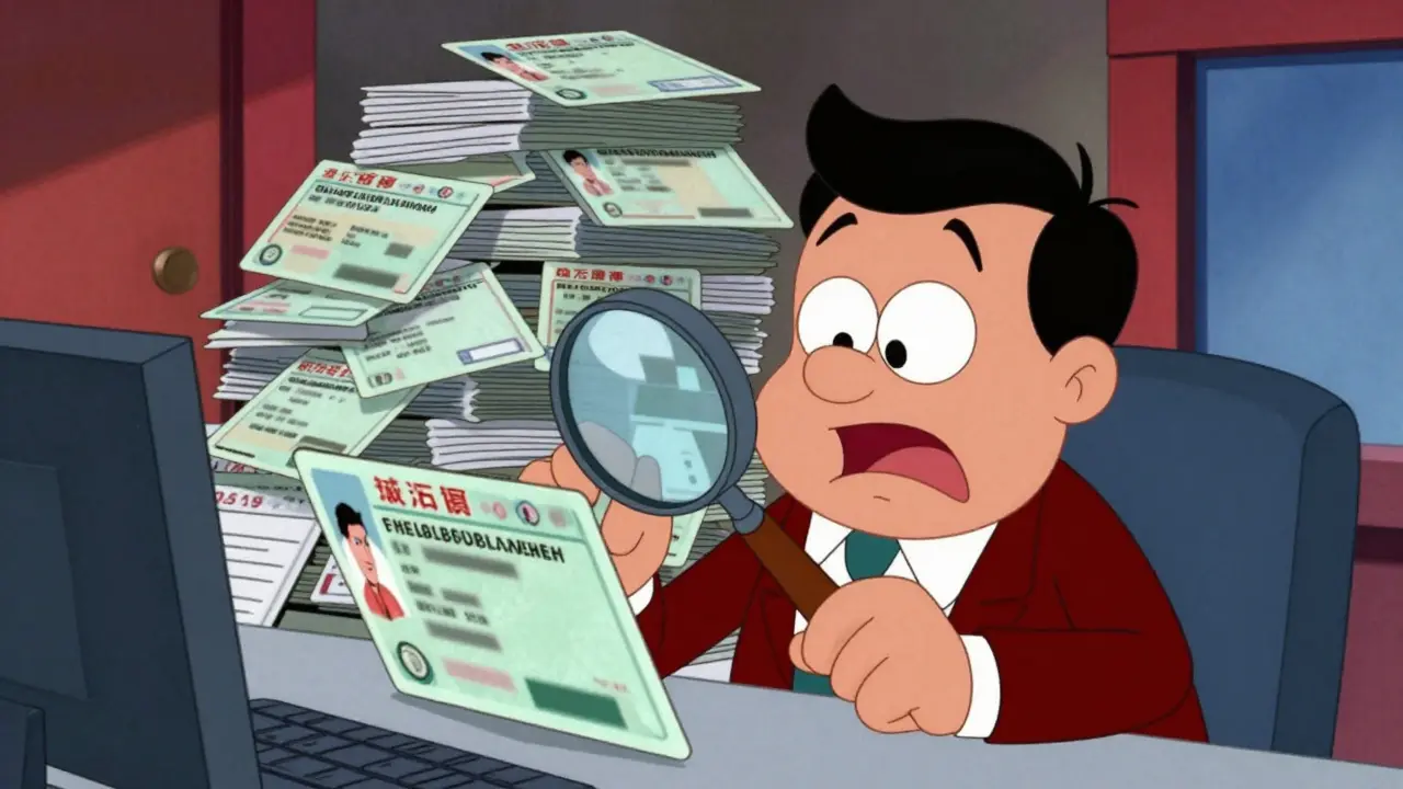 Bureaucrat struggling with pile of unverified ID cards