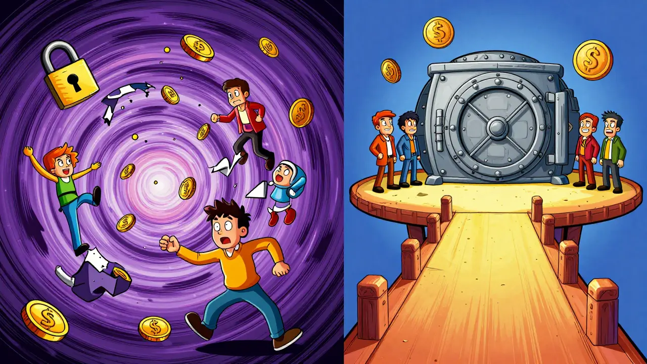Cartoon comparison of scam vortex versus secure investment bridge path