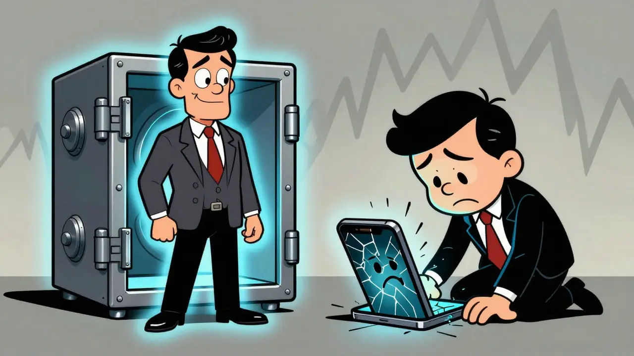 Cartoon contrast between secure hardware wallet user and victim of digital asset theft.