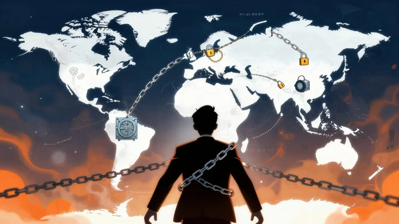 Cartoon of an executive trapped by global enforcement chains on a world map.