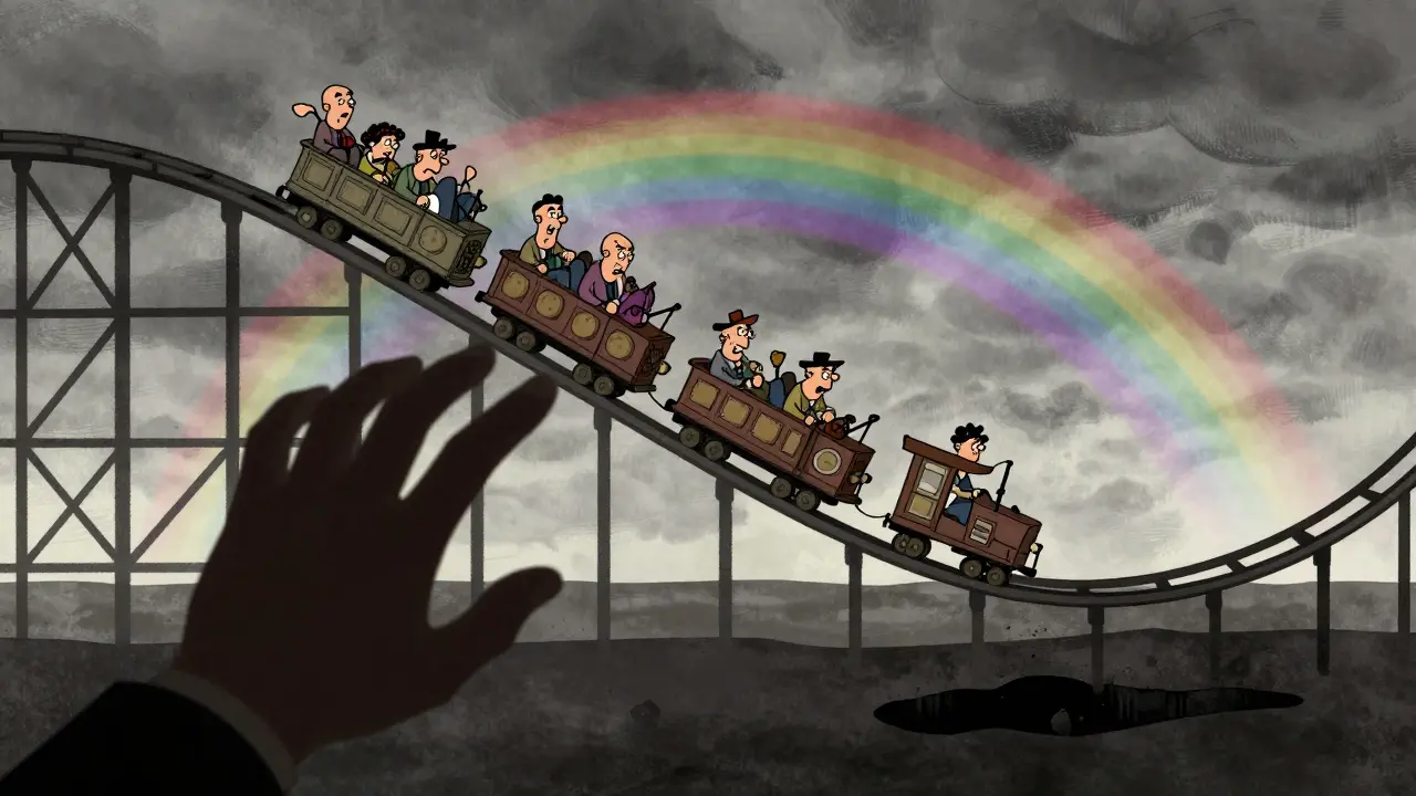 Cartoon rollercoaster dropping off a cliff representing market crash risk.