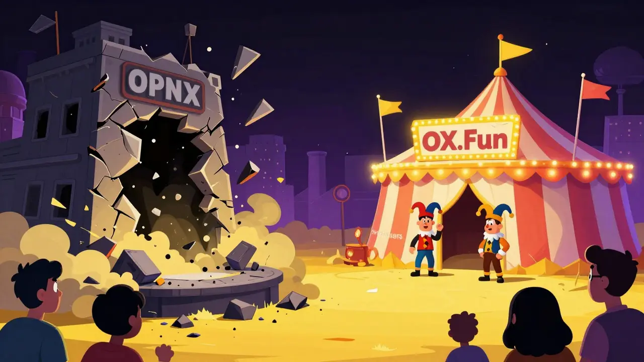 Cartoon showing OPNX collapsing while OX.Fun carnival tent rises