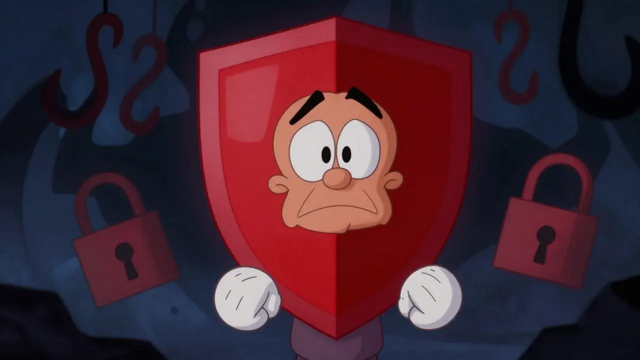 Cautious character protecting assets from shadowy threats in vintage animation style