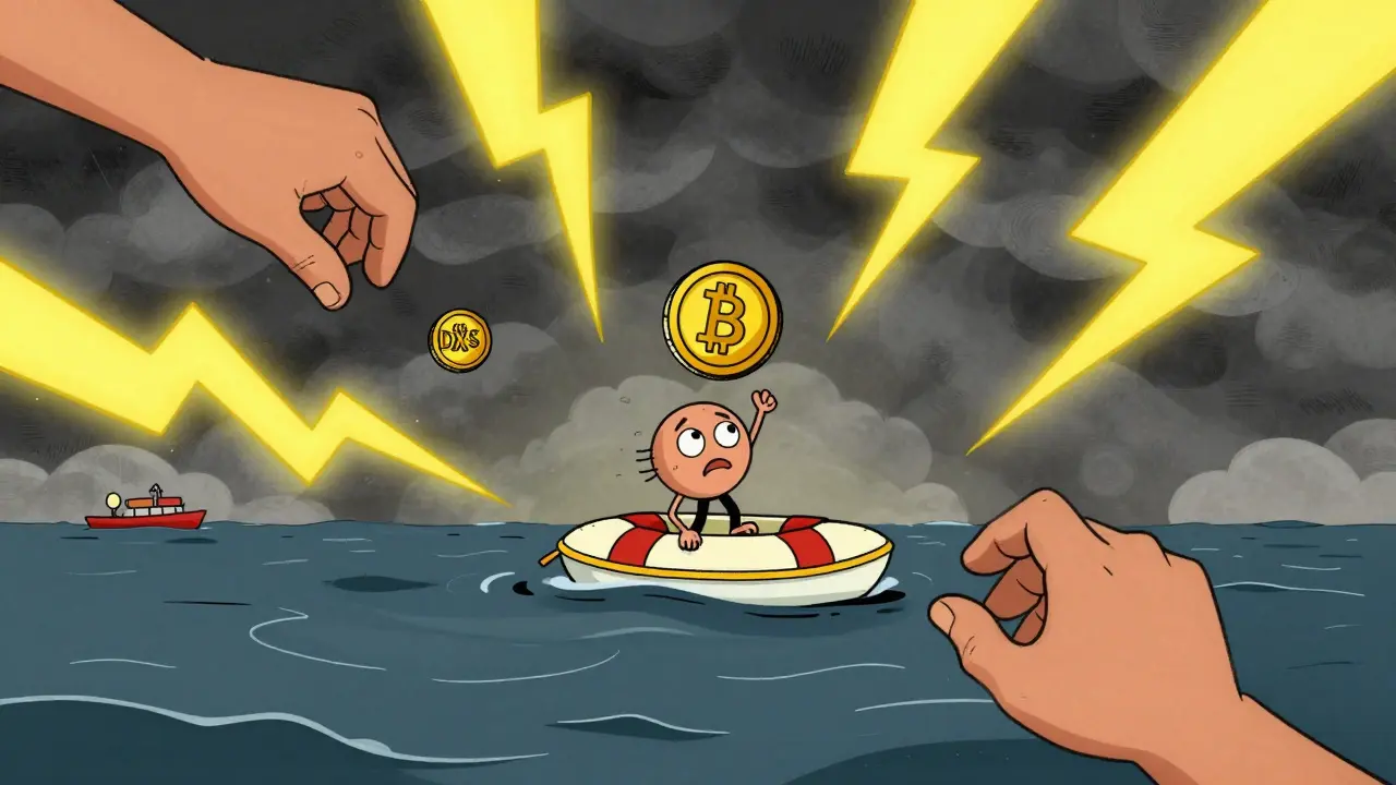 Character tossed by volatility storm over empty ocean