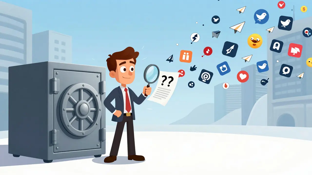 Character using a burner wallet and checking details in retro cartoon style