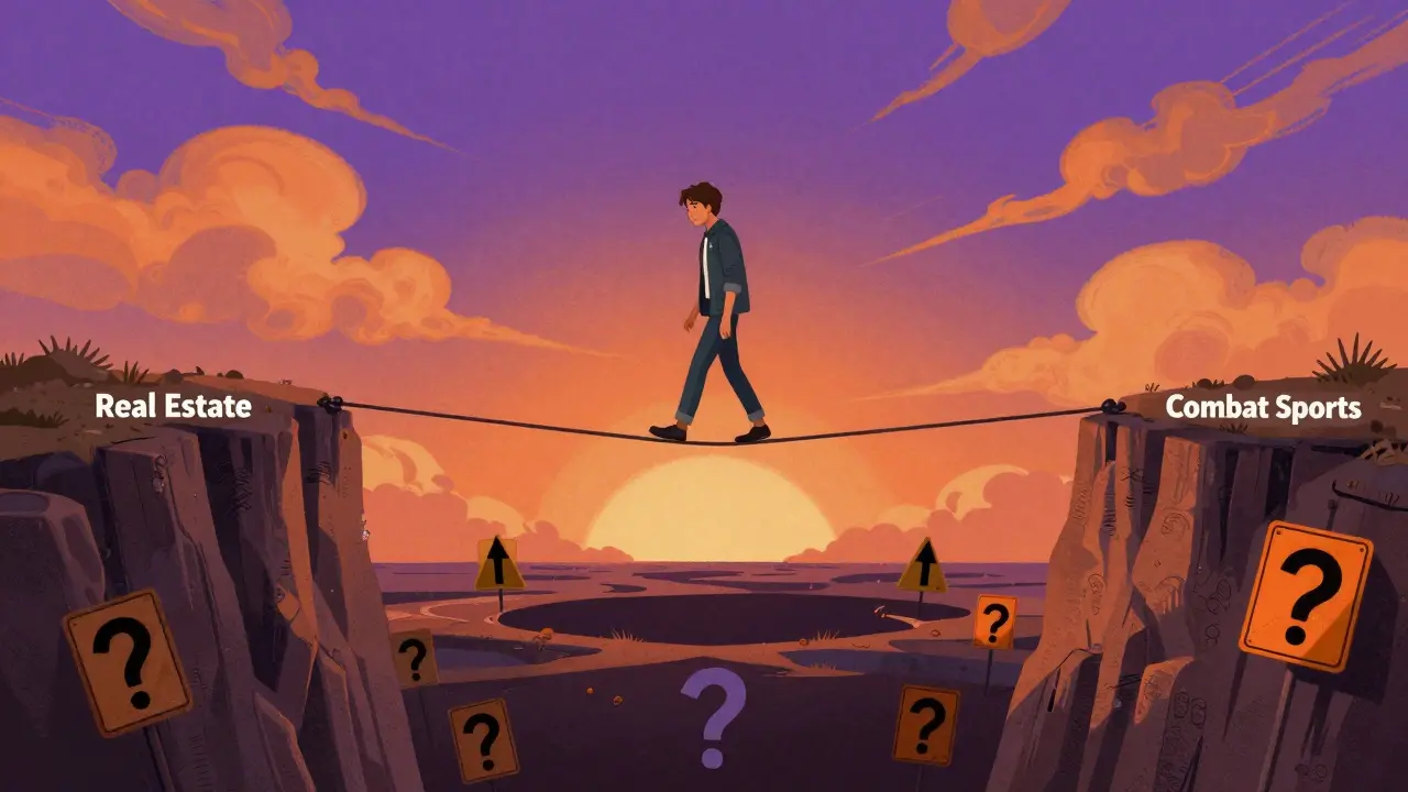 Character walking tightrope between Real Estate and Sports cliffs over a risky void, retro animation.