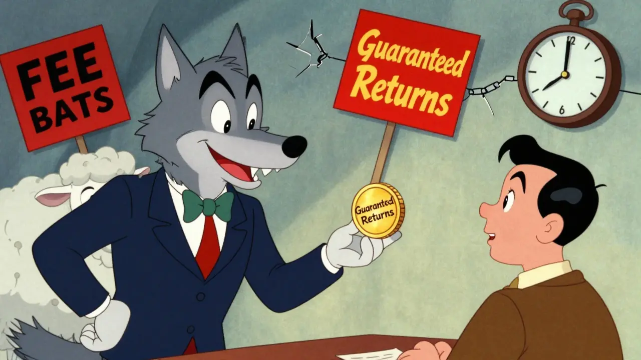 Deceptive salesman offering guaranteed returns to a naive investor character