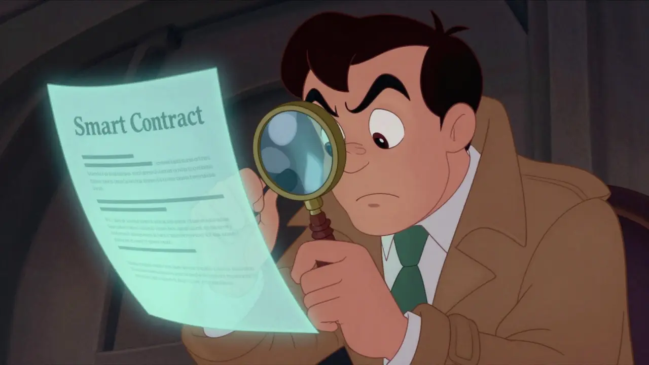 Detective inspecting smart contract document in classic cartoon illustration style