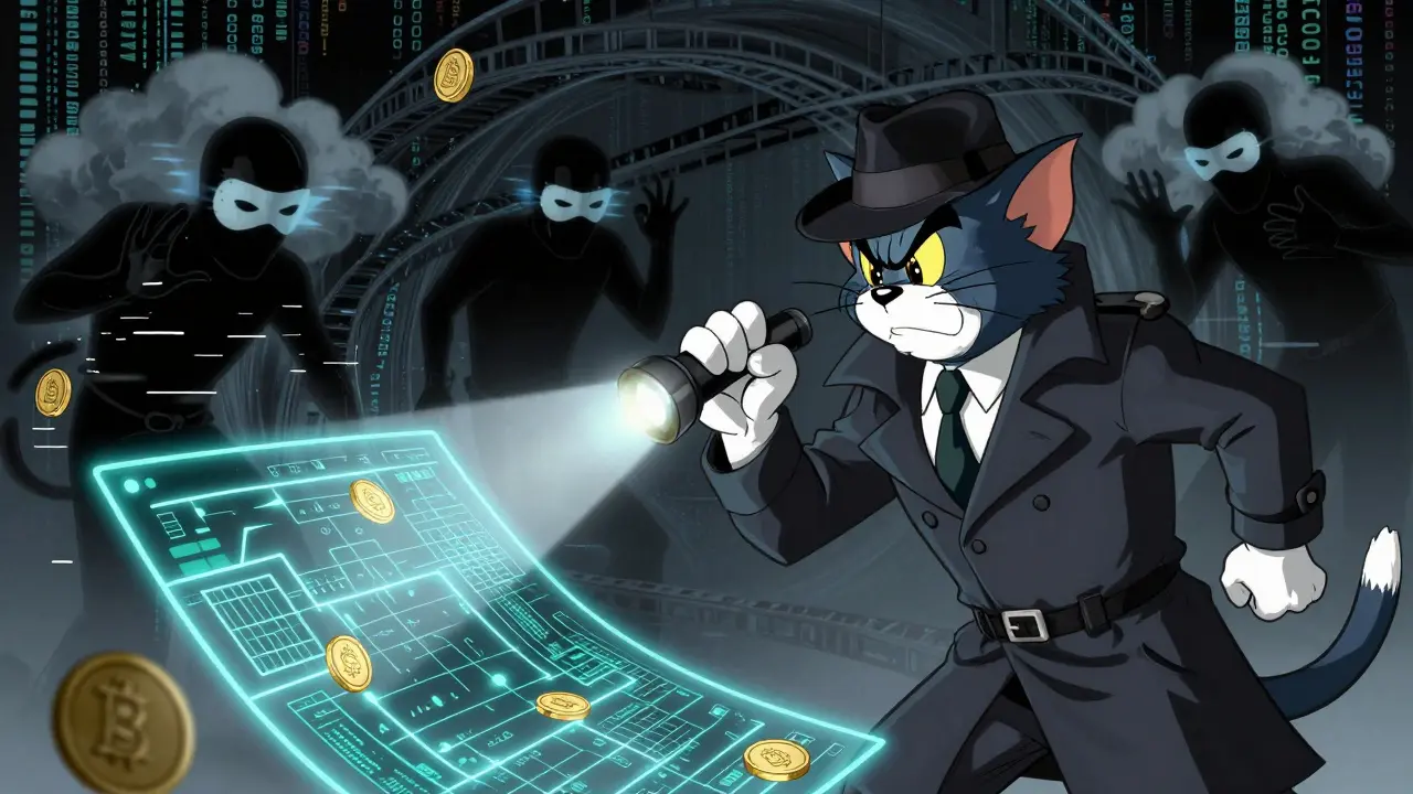 Detective shining light on blockchain while shadowy villains hide in digital clouds.