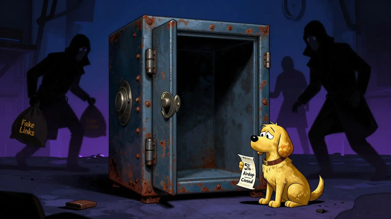 Empty vault and scammer figures illustrating GDOGE risks