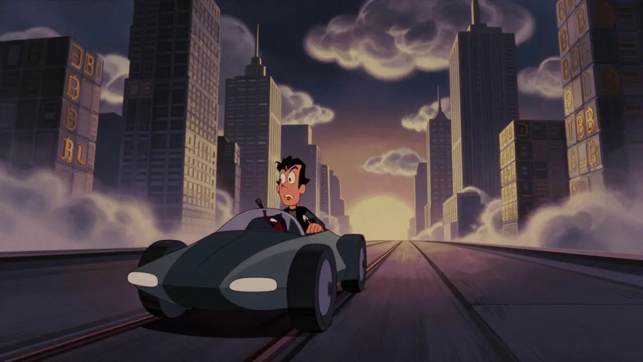 Fleischer style futuristic crypto cityscape with speeding vehicle