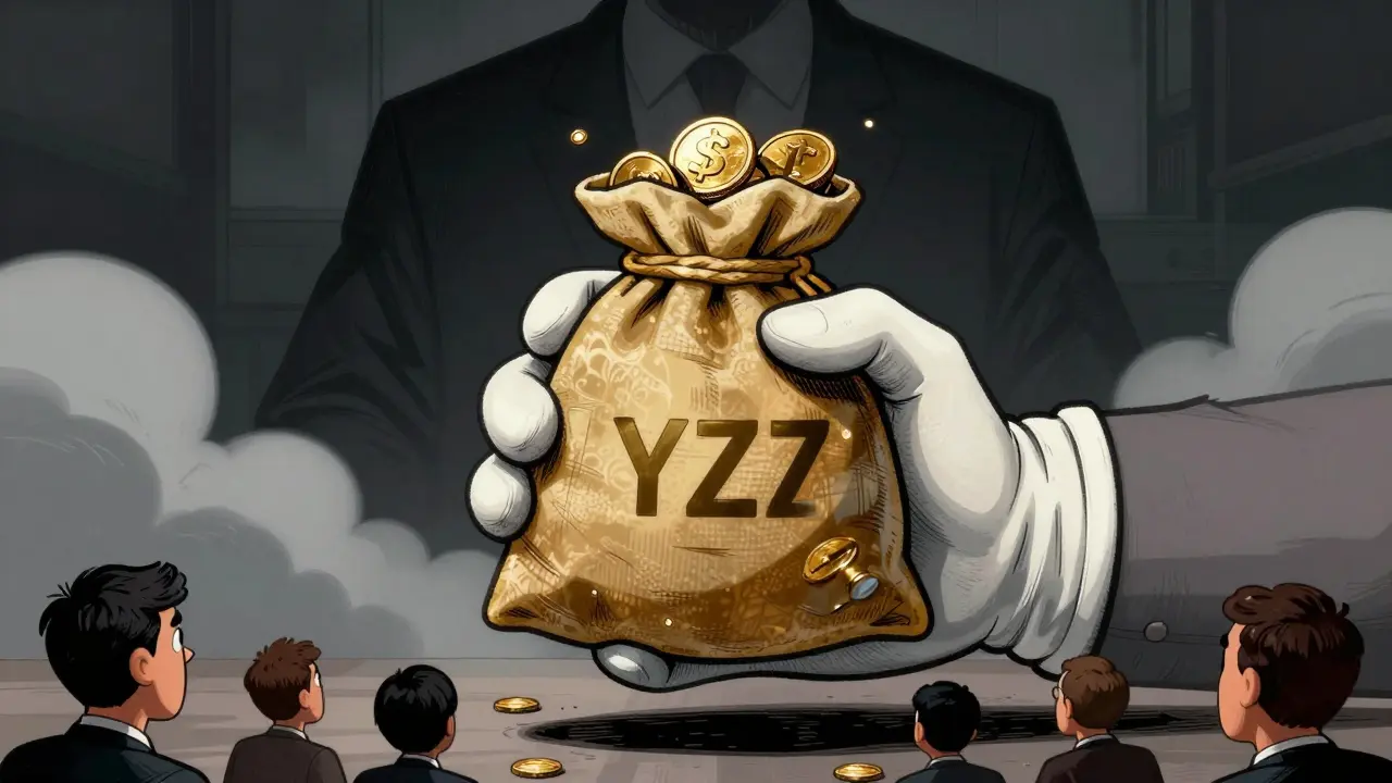 Giant hand hoarding YZY coins while small investors watch below