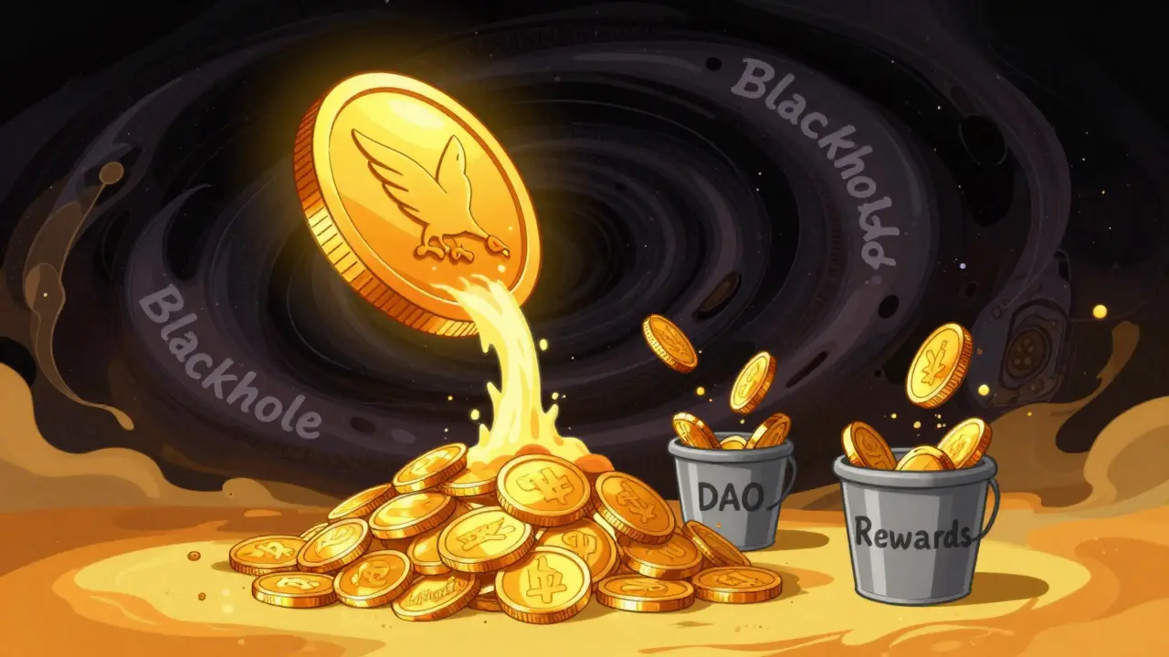 Golden coin tokens disappearing into a black hole vortex