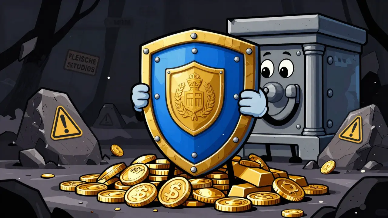 Golden shield protecting assets from dangers in cartoon style