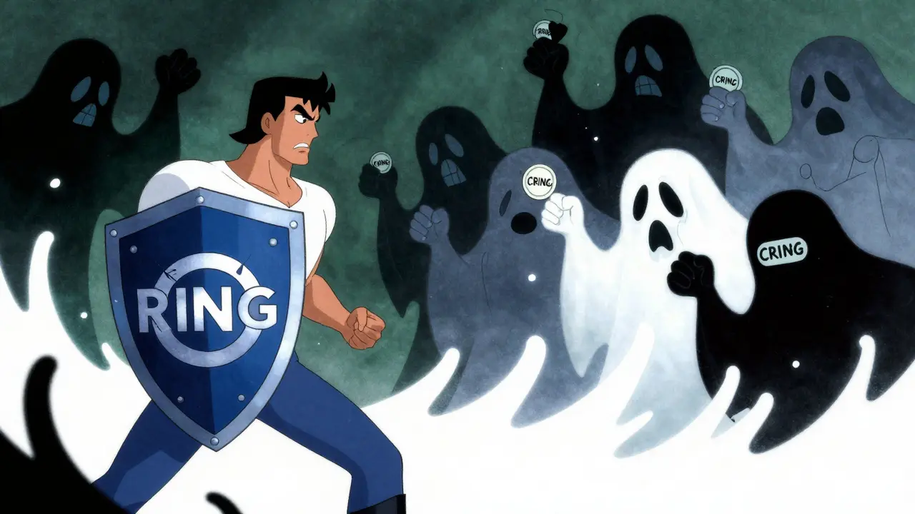Heroic figure defending against shadowy scam phantoms with RING shield