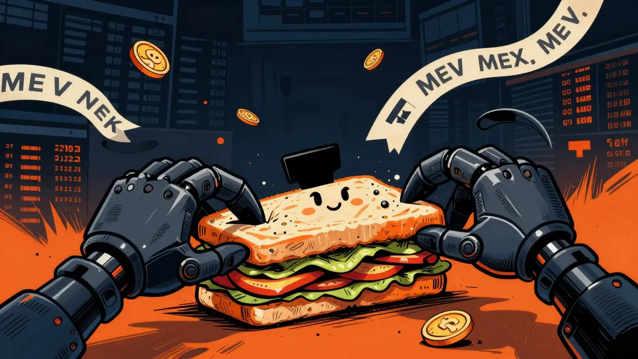 Illustration of a user being squeezed by MEV bots in a sandwich attack metaphor.