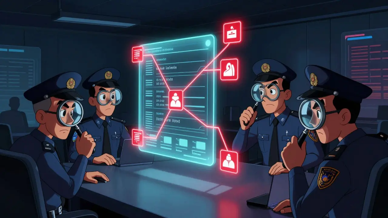 Illustration of agents tracing illegal crypto transactions on glowing blockchain ledgers.