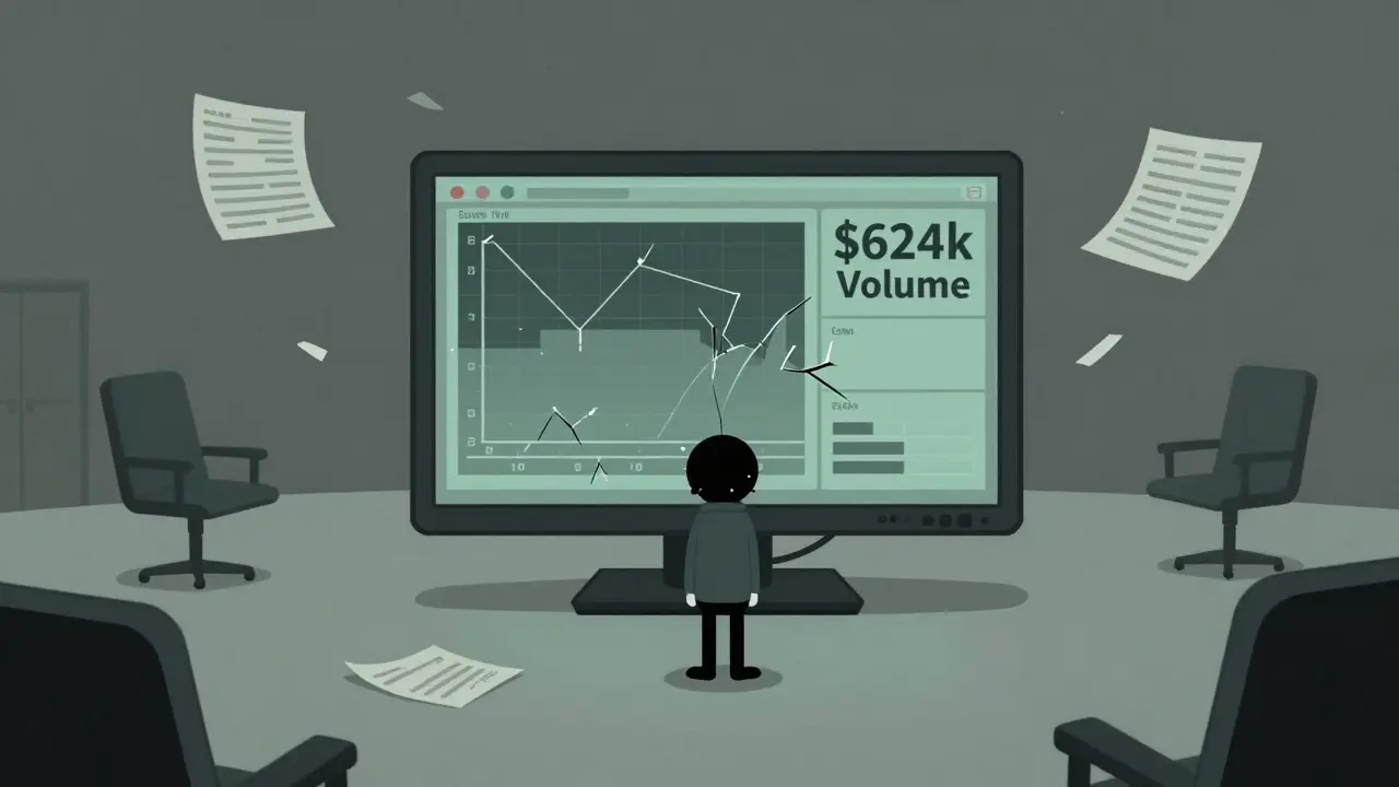 Illustration of an empty trading floor with a flatlined volume graph