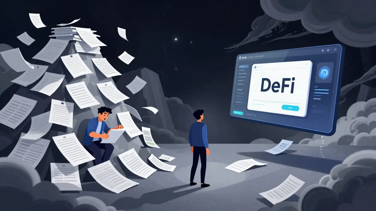 Illustration of paperwork mountain versus risky DeFi platform choice