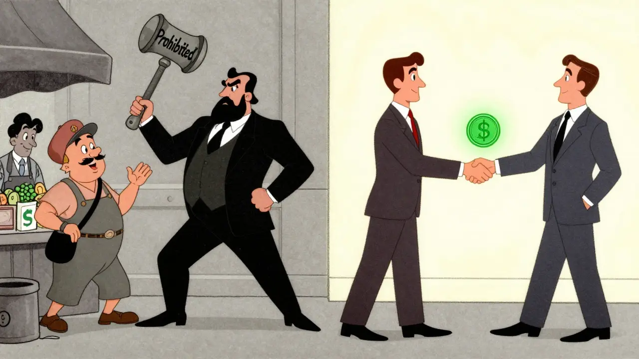 Illustration showing banned domestic crypto vs allowed trade