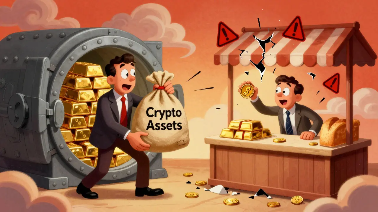 Illustration showing legal crypto storage vs illegal usage causing chaos in a shop