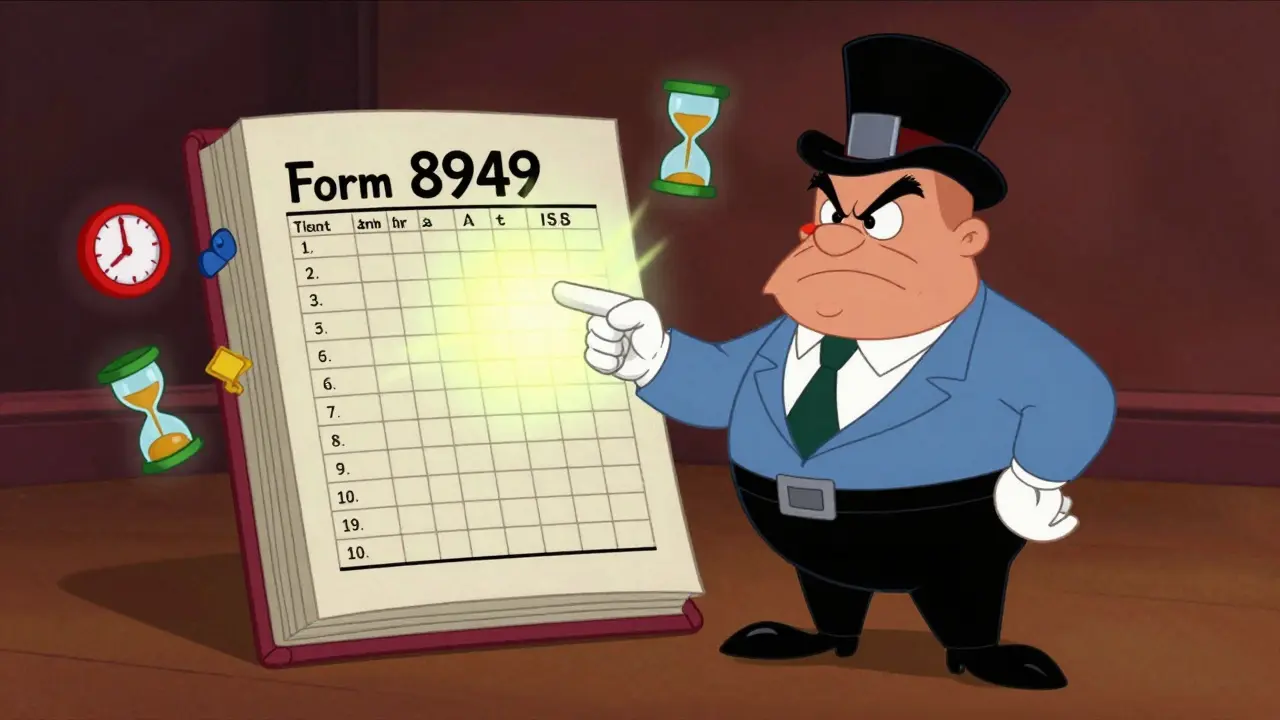 IRS agent pointing at a glowing Form 8949 ledger book