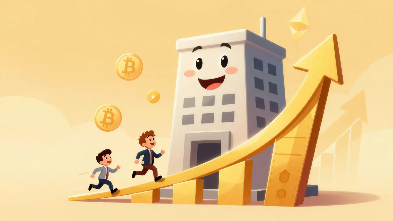 Optimistic cartoon investors benefiting from long-term crypto growth and stability.