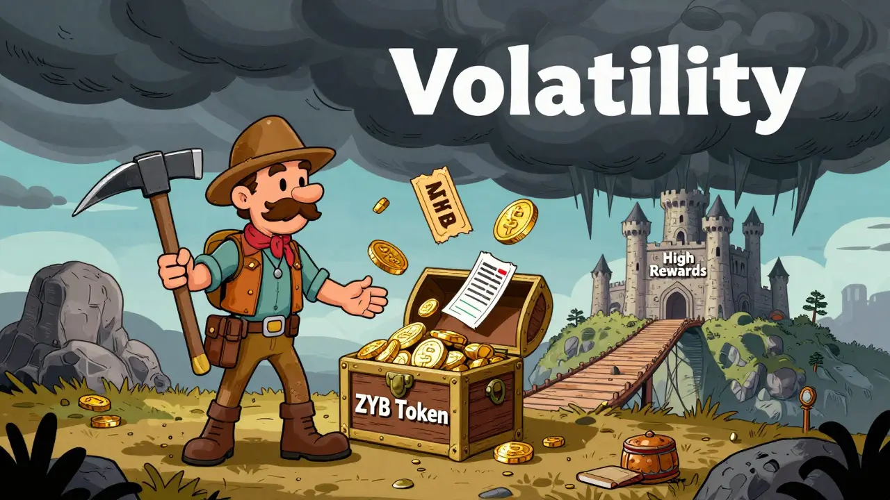Prospector finding ZYB token rewards in a chest, with a storm cloud of volatility looming in the background.