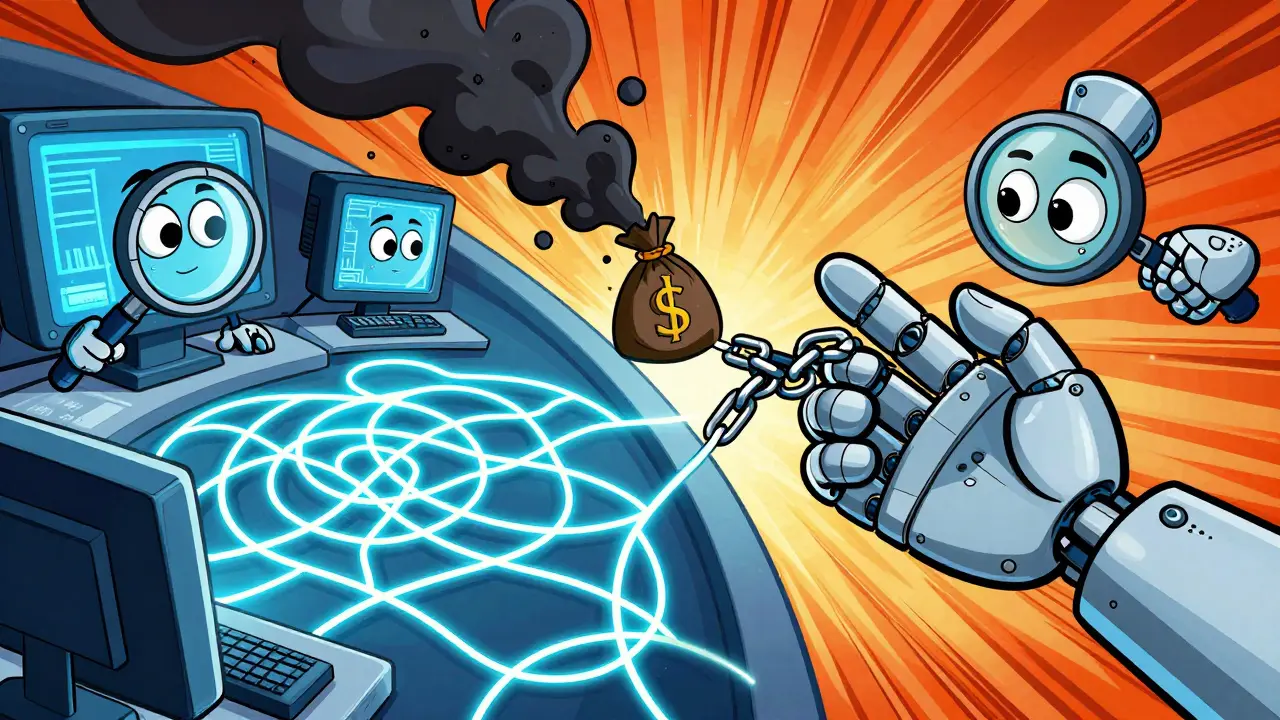 Robotic hand snapping a chain to stop illicit money bags in a command center.