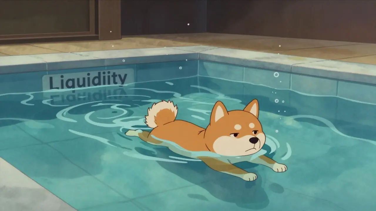 Sad dog struggling in shallow liquidity pool
