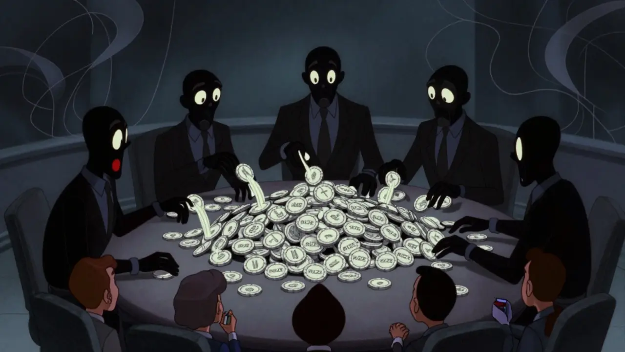 Shadowy figures controlling token supply while small investors watch in fear, vintage cartoon style.
