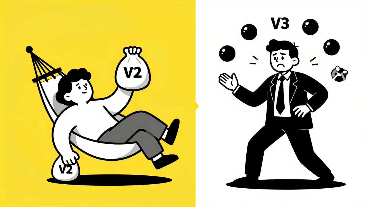 Split screen cartoon: relaxed user with V2 bag vs stressed user managing complex V3 controls.