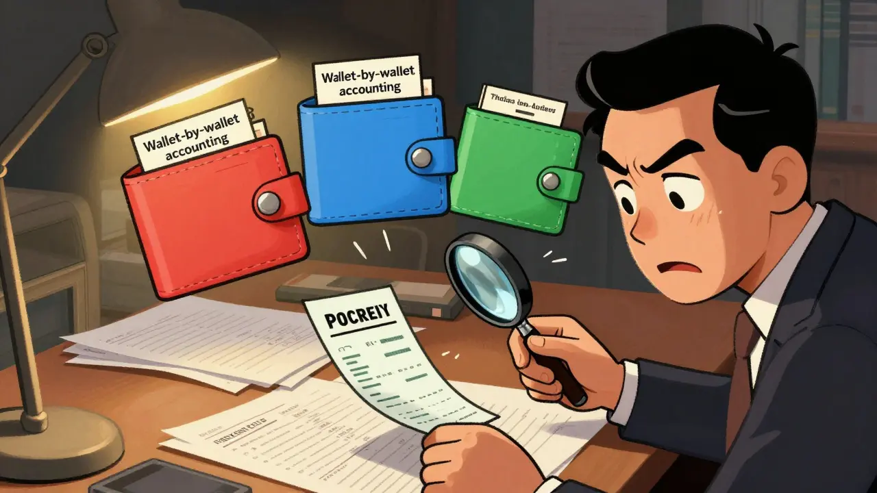 Stressed taxpayer separating three colored crypto wallets on desk