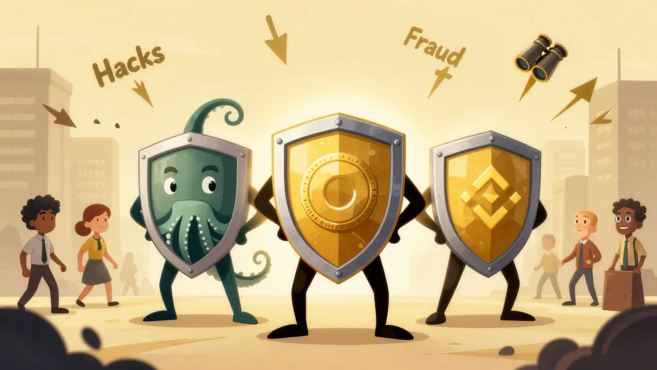 Three shield heroes representing safe exchanges protecting users from fraud