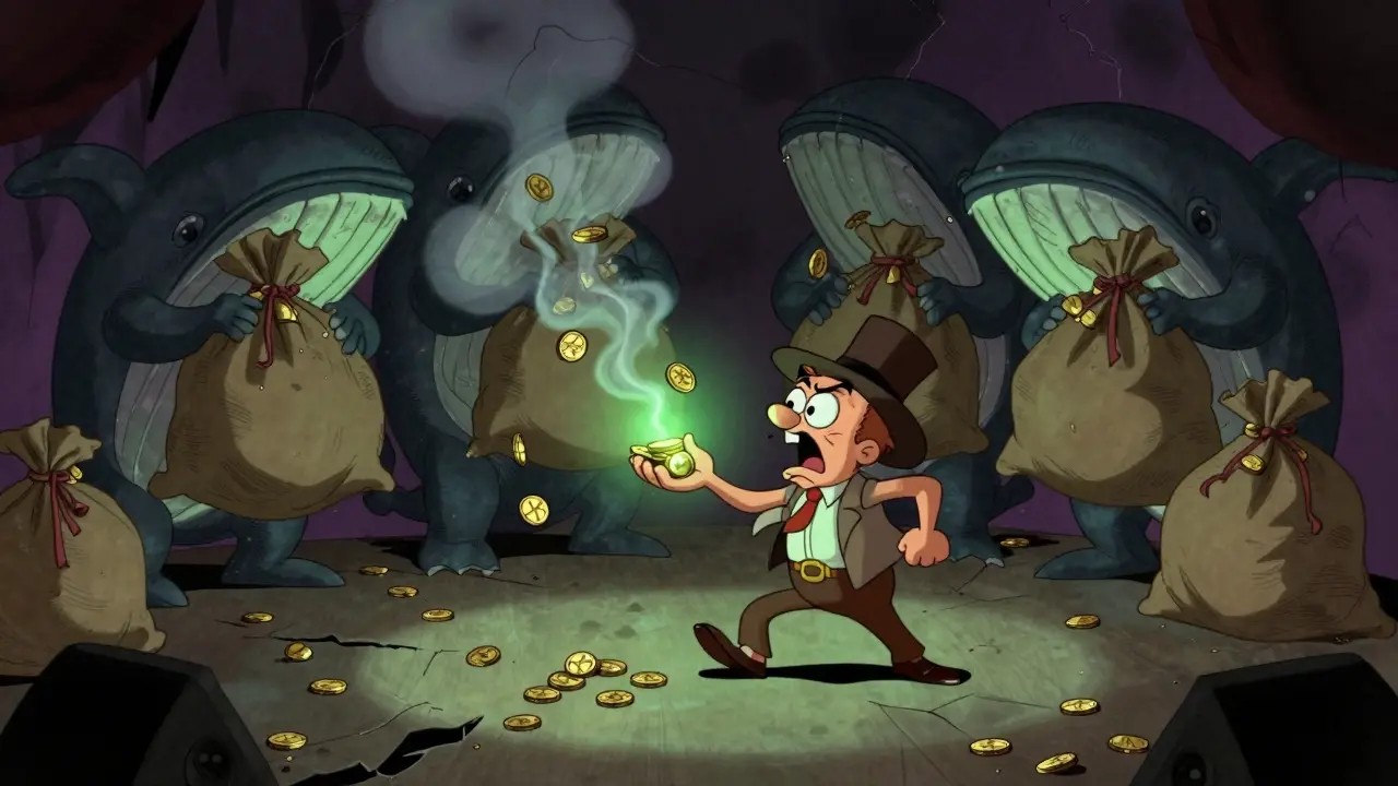Trader losing coins to smoke while whales watch, illustrating liquidity risk