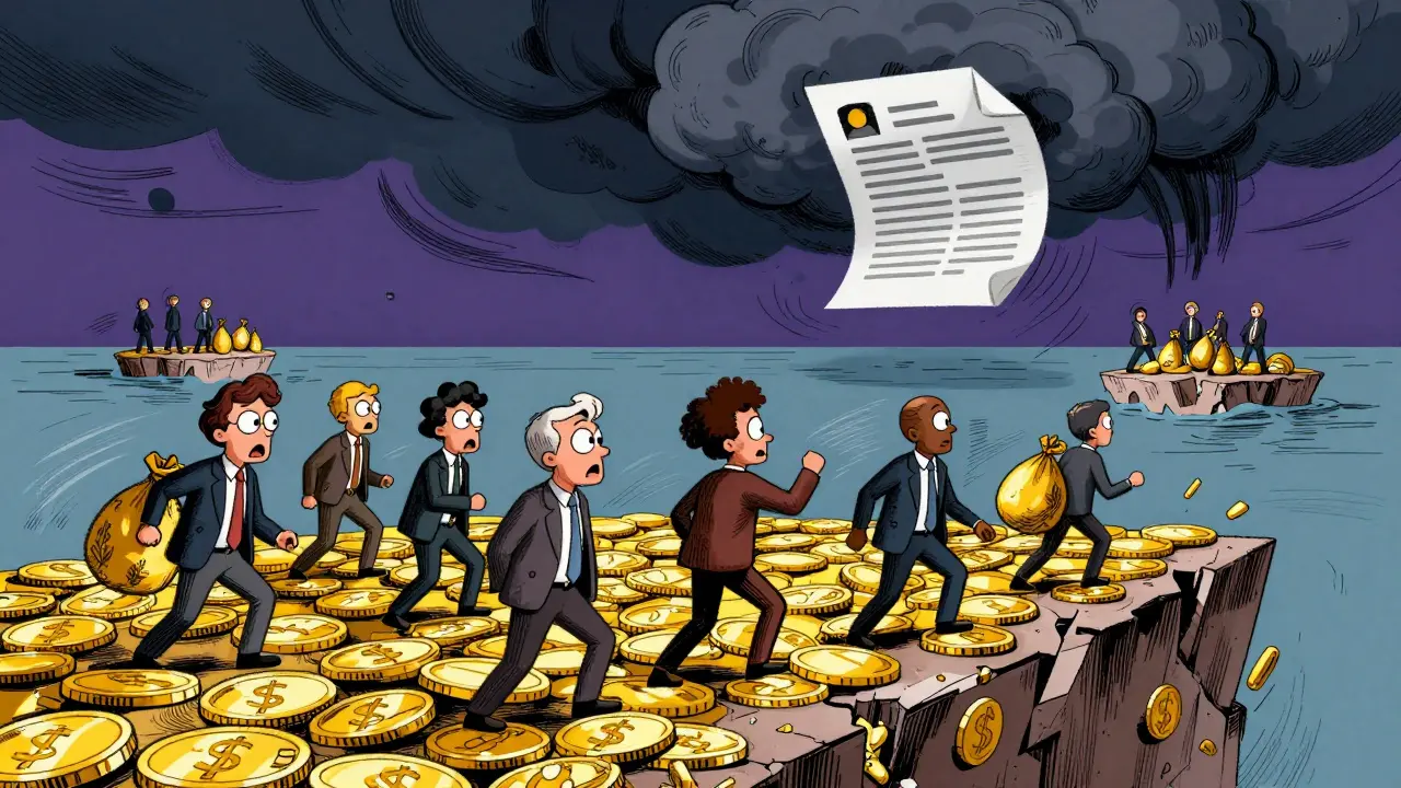 Traders moving coins away from storm cloud on crumbling platform