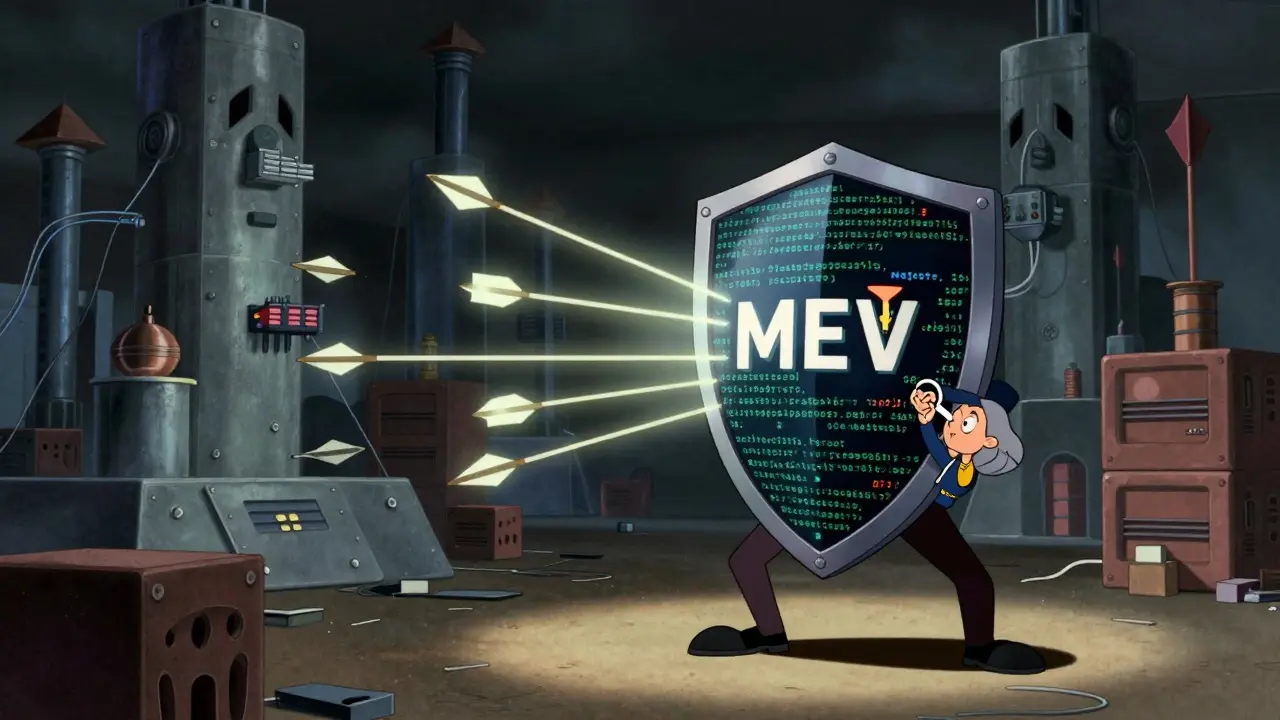 User protected by encryption shield against MEV threats from block builder machines.