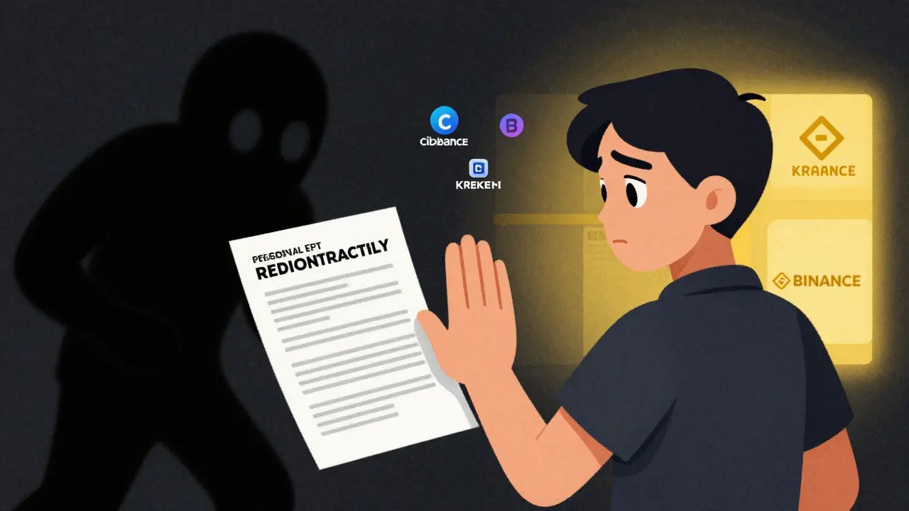 Vintage cartoon of user protecting ID from data theft shadow near safe exchanges