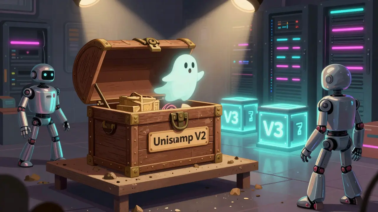 Vintage treasure chest labeled V2 on a shelf, ignored by modern robots heading to new tech.